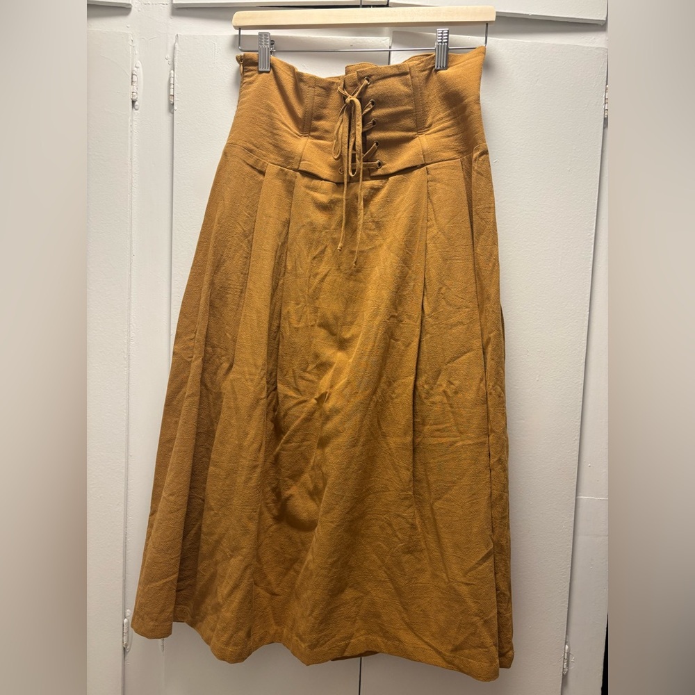Mustard Yellow Corset Waist A-line 100% Cotton Midi Skirt Size L Like New